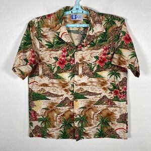 Vintage RJC‎ Shirt Mens Large Brown Hawaiian Camp Beach Ocean Ukulele Floral